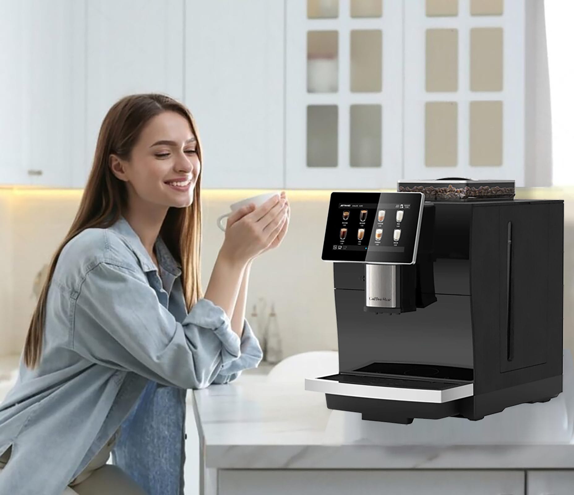 Selene F07 in use — fresh latte in a boutique workspace